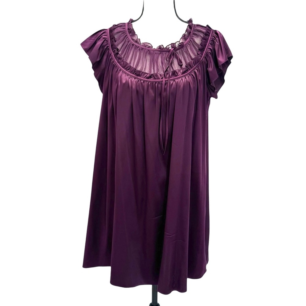 SUSAN MONACO BURGUNDY SILK BLEND SHORT SLEEVE RUFFLE NECK SHIFT MINI DRESS